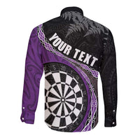 Personalised New Zealand Darts Long Sleeve Button Shirt Koru Tribal Tattoo and Silver Fern Maori Pattern Purple Color LT03 - Polynesian Pride