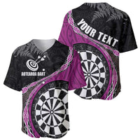 Personalised New Zealand Darts Baseball Jersey Koru Tribal Tattoo and Silver Fern Maori Pattern Pink Color LT03 - Polynesian Pride