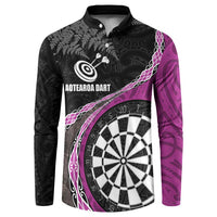 Personalised New Zealand Darts Button Sweatshirt Koru Tribal Tattoo and Silver Fern Maori Pattern Pink Color LT03 Pink - Polynesian Pride