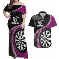 Personalised New Zealand Darts Couples Matching Off Shoulder Maxi Dress and Hawaiian Shirt Koru Tribal Tattoo and Silver Fern Maori Pattern Pink Color LT03 Pink - Polynesian Pride