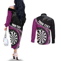Personalised New Zealand Darts Couples Matching Off The Shoulder Long Sleeve Dress and Long Sleeve Button Shirt Koru Tribal Tattoo and Silver Fern Maori Pattern Pink Color LT03 - Polynesian Pride