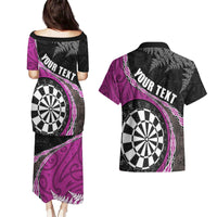 Personalised New Zealand Darts Couples Matching Puletasi and Hawaiian Shirt Koru Tribal Tattoo and Silver Fern Maori Pattern Pink Color LT03 - Polynesian Pride