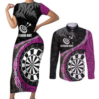 Personalised New Zealand Darts Couples Matching Short Sleeve Bodycon Dress and Long Sleeve Button Shirt Koru Tribal Tattoo and Silver Fern Maori Pattern Pink Color LT03 Pink - Polynesian Pride