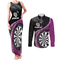Personalised New Zealand Darts Couples Matching Tank Maxi Dress and Long Sleeve Button Shirt Koru Tribal Tattoo and Silver Fern Maori Pattern Pink Color LT03 Pink - Polynesian Pride