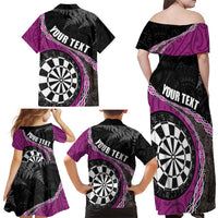 Personalised New Zealand Darts Family Matching Off Shoulder Maxi Dress and Hawaiian Shirt Koru Tribal Tattoo and Silver Fern Maori Pattern Pink Color LT03 - Polynesian Pride