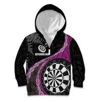 Personalised New Zealand Darts Kid Hoodie Koru Tribal Tattoo and Silver Fern Maori Pattern Pink Color LT03 Zip Hoodie Pink - Polynesian Pride