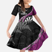 Personalised New Zealand Darts Kid Short Sleeve Dress Koru Tribal Tattoo and Silver Fern Maori Pattern Pink Color LT03 KID Pink - Polynesian Pride