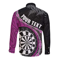 Personalised New Zealand Darts Long Sleeve Button Shirt Koru Tribal Tattoo and Silver Fern Maori Pattern Pink Color LT03 - Polynesian Pride