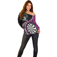 Personalised New Zealand Darts Off Shoulder Sweater Koru Tribal Tattoo and Silver Fern Maori Pattern Pink Color LT03 - Polynesian Pride