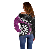 Personalised New Zealand Darts Off Shoulder Sweater Koru Tribal Tattoo and Silver Fern Maori Pattern Pink Color LT03 - Polynesian Pride