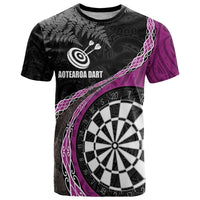 Personalised New Zealand Darts T Shirt Koru Tribal Tattoo and Silver Fern Maori Pattern Pink Color LT03 Pink - Polynesian Pride