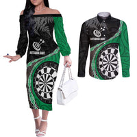 Personalised New Zealand Darts Couples Matching Off The Shoulder Long Sleeve Dress and Long Sleeve Button Shirt Koru Tribal Tattoo and Silver Fern Maori Pattern Green Color LT03 Green - Polynesian Pride
