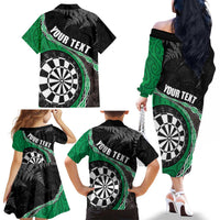 Personalised New Zealand Darts Family Matching Off The Shoulder Long Sleeve Dress and Hawaiian Shirt Koru Tribal Tattoo and Silver Fern Maori Pattern Green Color LT03 - Polynesian Pride