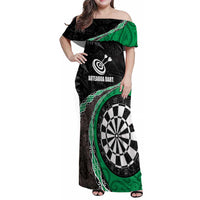 Personalised New Zealand Darts Family Matching Off Shoulder Maxi Dress and Hawaiian Shirt Koru Tribal Tattoo and Silver Fern Maori Pattern Green Color LT03 Mom's Dress Green - Polynesian Pride