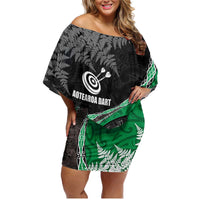 Personalised New Zealand Darts Family Matching Off Shoulder Short Dress and Hawaiian Shirt Koru Tribal Tattoo and Silver Fern Maori Pattern Green Color LT03 Mom's Dress Green - Polynesian Pride