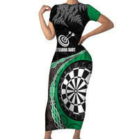 Personalised New Zealand Darts Family Matching Short Sleeve Bodycon Dress and Hawaiian Shirt Koru Tribal Tattoo and Silver Fern Maori Pattern Green Color LT03 Mom's Dress Green - Polynesian Pride