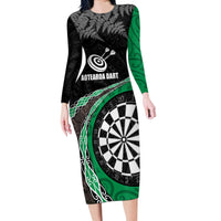 Personalised New Zealand Darts Long Sleeve Bodycon Dress Koru Tribal Tattoo and Silver Fern Maori Pattern Green Color LT03 Long Dress Green - Polynesian Pride
