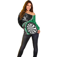 Personalised New Zealand Darts Off Shoulder Sweater Koru Tribal Tattoo and Silver Fern Maori Pattern Green Color LT03 - Polynesian Pride