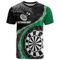 Personalised New Zealand Darts T Shirt Koru Tribal Tattoo and Silver Fern Maori Pattern Green Color LT03 Green - Polynesian Pride