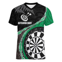 Personalised New Zealand Darts Women V-Neck T-Shirt Koru Tribal Tattoo and Silver Fern Maori Pattern Green Color LT03 Female Green - Polynesian Pride
