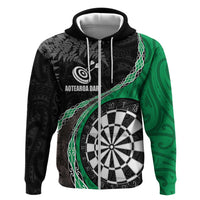 Personalised New Zealand Darts Zip Hoodie Koru Tribal Tattoo and Silver Fern Maori Pattern Green Color LT03 Zip Hoodie Green - Polynesian Pride