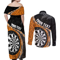Personalised New Zealand Darts Couples Matching Off Shoulder Maxi Dress and Long Sleeve Button Shirt Koru Tribal Tattoo and Silver Fern Maori Pattern Orange Color LT03 - Polynesian Pride