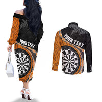 Personalised New Zealand Darts Couples Matching Off The Shoulder Long Sleeve Dress and Long Sleeve Button Shirt Koru Tribal Tattoo and Silver Fern Maori Pattern Orange Color LT03 - Polynesian Pride
