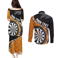Personalised New Zealand Darts Couples Matching Puletasi and Long Sleeve Button Shirt Koru Tribal Tattoo and Silver Fern Maori Pattern Orange Color LT03 - Polynesian Pride
