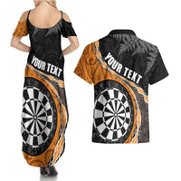 Personalised New Zealand Darts Couples Matching Summer Maxi Dress and Hawaiian Shirt Koru Tribal Tattoo and Silver Fern Maori Pattern Orange Color LT03 - Polynesian Pride