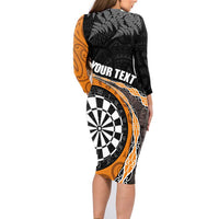 Personalised New Zealand Darts Family Matching Long Sleeve Bodycon Dress and Hawaiian Shirt Koru Tribal Tattoo and Silver Fern Maori Pattern Orange Color LT03 - Polynesian Pride