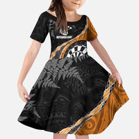 Personalised New Zealand Darts Family Matching Puletasi and Hawaiian Shirt Koru Tribal Tattoo and Silver Fern Maori Pattern Orange Color LT03 Daughter's Dress Orange - Polynesian Pride