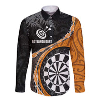 Personalised New Zealand Darts Long Sleeve Button Shirt Koru Tribal Tattoo and Silver Fern Maori Pattern Orange Color LT03 Unisex Orange - Polynesian Pride