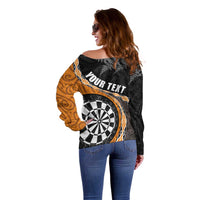Personalised New Zealand Darts Off Shoulder Sweater Koru Tribal Tattoo and Silver Fern Maori Pattern Orange Color LT03 - Polynesian Pride
