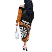 Personalised New Zealand Darts Off The Shoulder Long Sleeve Dress Koru Tribal Tattoo and Silver Fern Maori Pattern Orange Color LT03 - Polynesian Pride