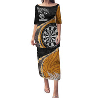 Personalised New Zealand Darts Puletasi Koru Tribal Tattoo and Silver Fern Maori Pattern Orange Color LT03 Long Dress Orange - Polynesian Pride