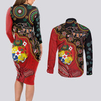 Tonga Ngatu and Australia Together Couples Matching Long Sleeve Bodycon Dress and Long Sleeve Button Shirt Polynesian Humpback Whale and Aboriginal Kangaroo LT03 - Polynesian Pride