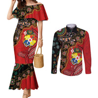 Tonga Ngatu and Australia Together Couples Matching Mermaid Dress and Long Sleeve Button Shirt Polynesian Humpback Whale and Aboriginal Kangaroo LT03 Red - Polynesian Pride