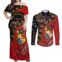 Tonga Ngatu and Australia Together Couples Matching Off Shoulder Maxi Dress and Long Sleeve Button Shirt Polynesian Humpback Whale and Aboriginal Kangaroo LT03 Red - Polynesian Pride