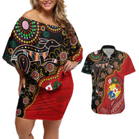 Tonga Ngatu and Australia Together Couples Matching Off Shoulder Short Dress and Hawaiian Shirt Polynesian Humpback Whale and Aboriginal Kangaroo LT03 Red - Polynesian Pride