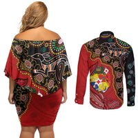 Tonga Ngatu and Australia Together Couples Matching Off Shoulder Short Dress and Long Sleeve Button Shirt Polynesian Humpback Whale and Aboriginal Kangaroo LT03 - Polynesian Pride