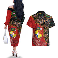 Tonga Ngatu and Australia Together Couples Matching Off The Shoulder Long Sleeve Dress and Hawaiian Shirt Polynesian Humpback Whale and Aboriginal Kangaroo LT03 - Polynesian Pride