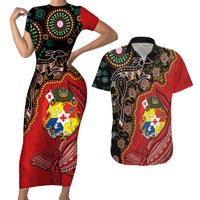 Tonga Ngatu and Australia Together Couples Matching Short Sleeve Bodycon Dress and Hawaiian Shirt Polynesian Humpback Whale and Aboriginal Kangaroo LT03 Red - Polynesian Pride
