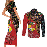 Tonga Ngatu and Australia Together Couples Matching Short Sleeve Bodycon Dress and Long Sleeve Button Shirt Polynesian Humpback Whale and Aboriginal Kangaroo LT03 - Polynesian Pride