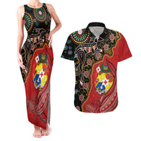 Tonga Ngatu and Australia Together Couples Matching Tank Maxi Dress and Hawaiian Shirt Polynesian Humpback Whale and Aboriginal Kangaroo LT03 Red - Polynesian Pride