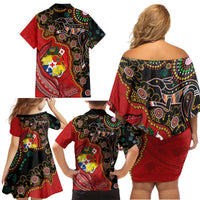 Tonga Ngatu and Australia Together Family Matching Off Shoulder Short Dress and Hawaiian Shirt Polynesian Humpback Whale and Aboriginal Kangaroo LT03 - Polynesian Pride