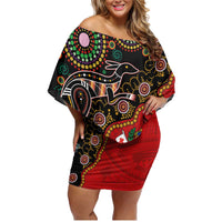 Tonga Ngatu and Australia Together Family Matching Off Shoulder Short Dress and Hawaiian Shirt Polynesian Humpback Whale and Aboriginal Kangaroo LT03 Mom's Dress Red - Polynesian Pride