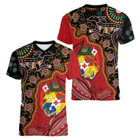 Tonga Ngatu and Australia Together Women V-Neck T-Shirt Polynesian Humpback Whale and Aboriginal Kangaroo