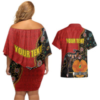 Personalised Papua New Guinea and Australia Together Couples Matching Off Shoulder Short Dress and Hawaiian Shirt Bird-of-paradise and Kangaroo with Aboriginal Pattern LT03 - Polynesian Pride