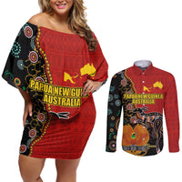 Personalised Papua New Guinea and Australia Together Couples Matching Off Shoulder Short Dress and Long Sleeve Button Shirt Bird-of-paradise and Kangaroo with Aboriginal Pattern LT03 Red - Polynesian Pride