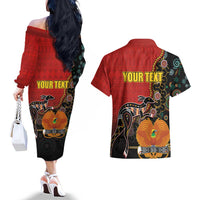 Personalised Papua New Guinea and Australia Together Couples Matching Off The Shoulder Long Sleeve Dress and Hawaiian Shirt Bird-of-paradise and Kangaroo with Aboriginal Pattern LT03 - Polynesian Pride